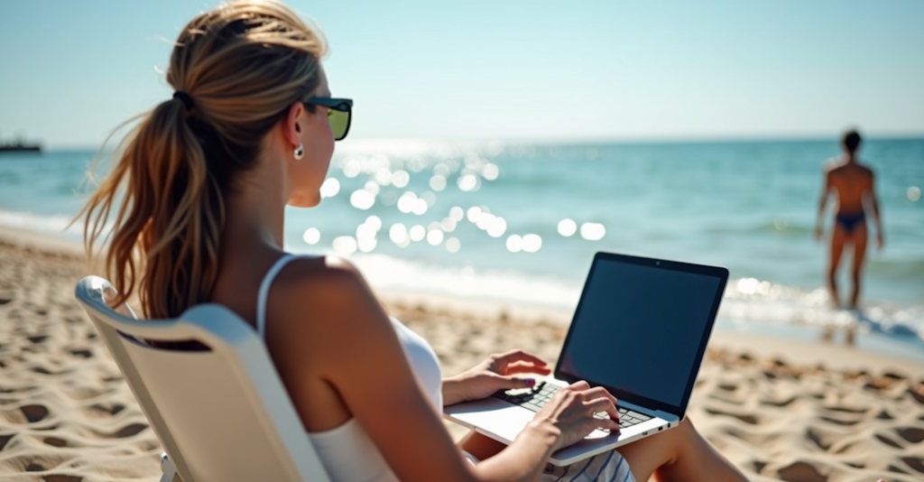 Mit Freunden und Familie im Langzeiturlaub in Kontakt bleiben - am PC am Strand