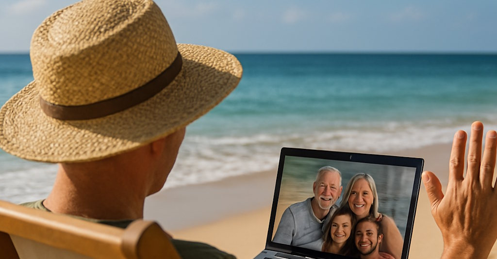 Mann am Strand am Computer mit Familie telefonieren